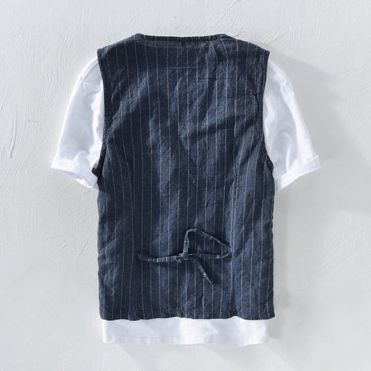 Men's Cotton And Linen Striped Vest Loose