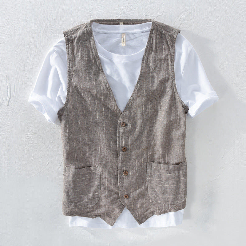 Men's Cotton And Linen Striped Vest Loose