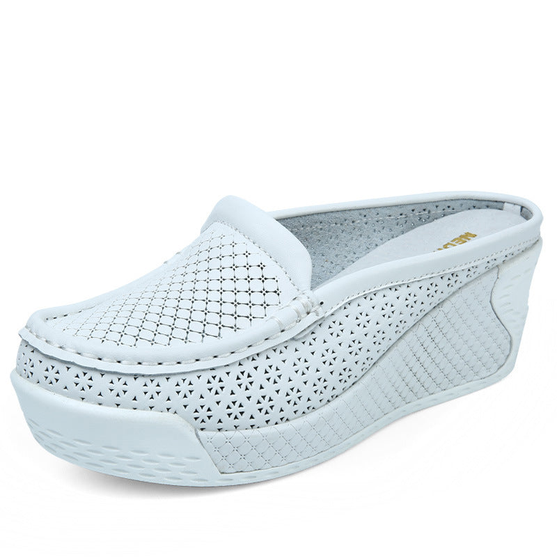 Waterproof Platform Half Drag Leather Hollow, Wedge Leather Sandals And Slippers