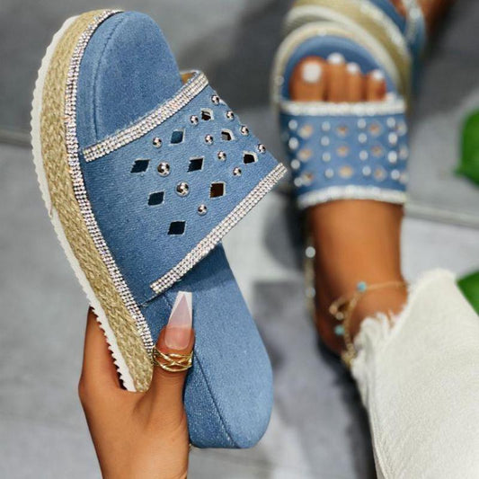 Platform Wedge Heel Denim Rhinestone Rivet Women'S Sandals And Slippers