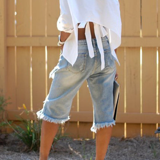 Ripped Denim Shorts Loose Straight Denim Five-quarter Pants