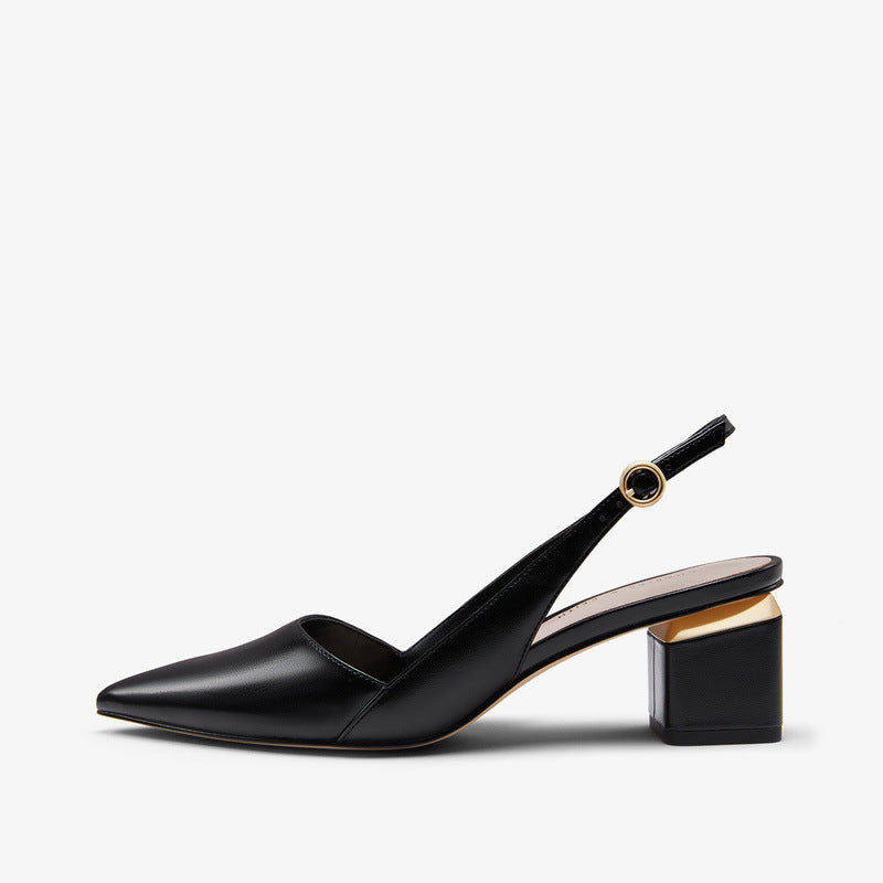 Forår Nye Slingbacks Sko Metal Dekoration Spids Tå Højhælede Sko Tyk Hæl Spænde Sandaler