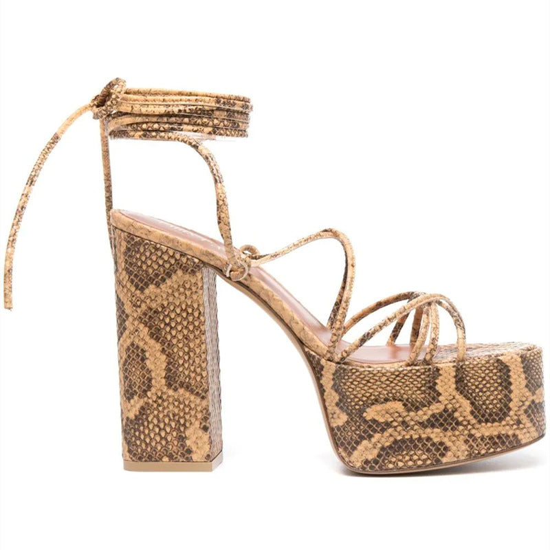 High-Heeled Platform Strappy Fashion Round-Toe Sandals Lace-Up Platform Shoes For Ladies
