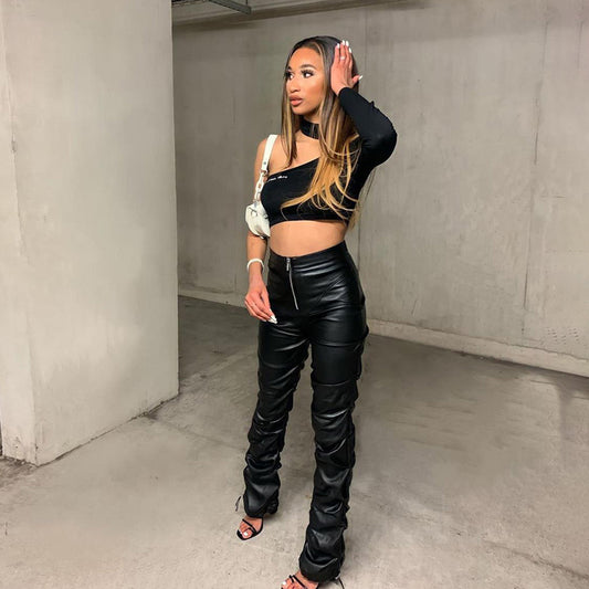 New High-Waist Bag Hip Fashion Street Style Casual Footwear Imitation Leather Trousers