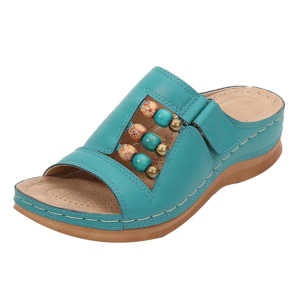 Large Size Round Head Beaded Women's Casual Platform Wedge Slippers