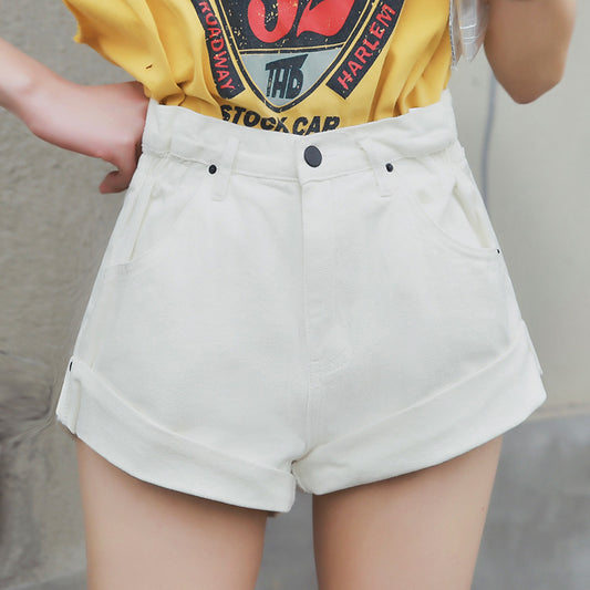 High Waist Denim Shorts Women'S Elastic Waist Waist Cuffed Wide Leg Pants Shorts Loose