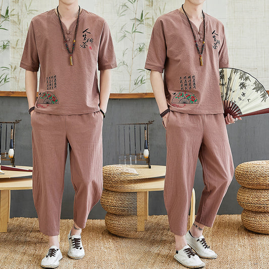 Embroidered Retro Cotton And Linen Short-sleeved T-shirt Casual Loose Trend Tang Suit