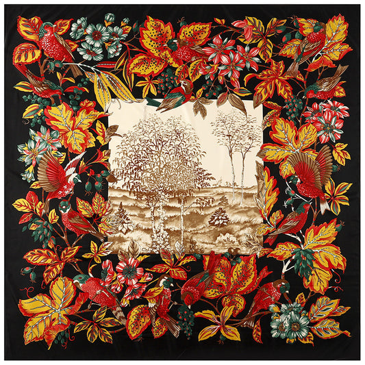 Women'S Scarves Jungle Flower And Bird Print Twill Silk Simulation Square Scarf Shawl Scarf