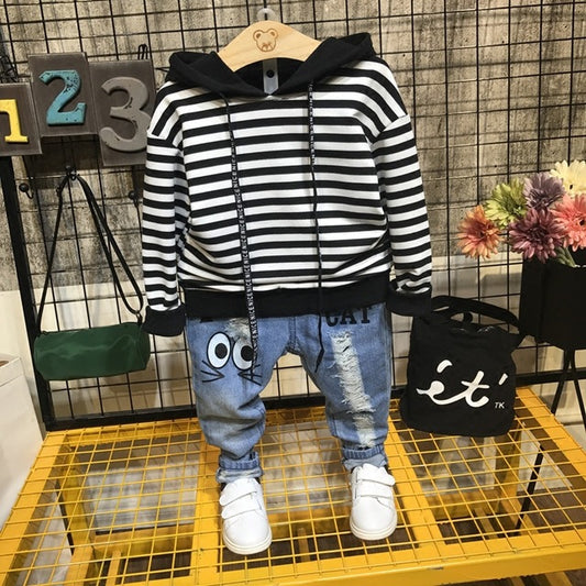 Children's Casual Hooded Sweater Striped Pants