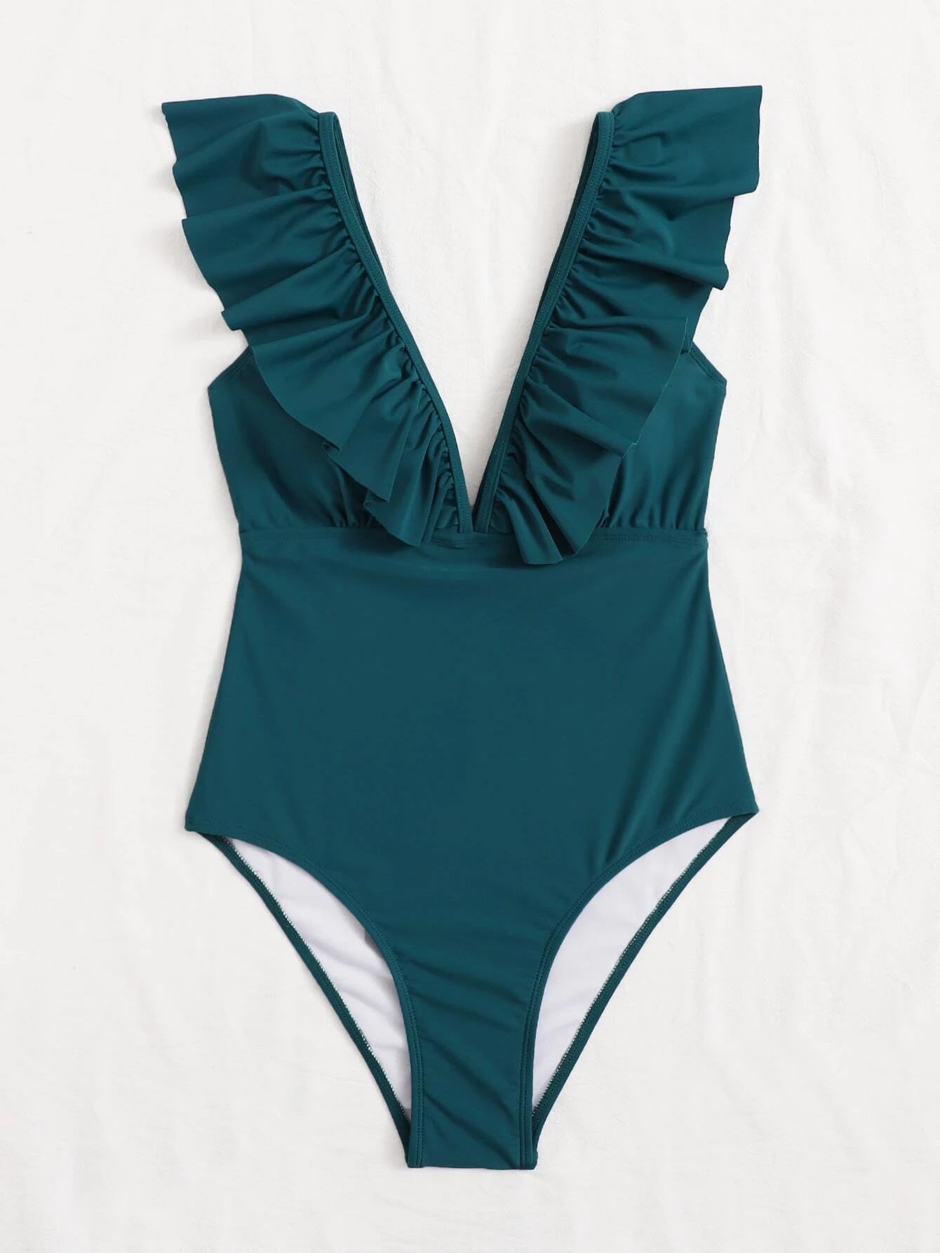 Amazon olid Color Pleated OIne-Piece Swimsuit Fashionable Sexy Slim Bikini