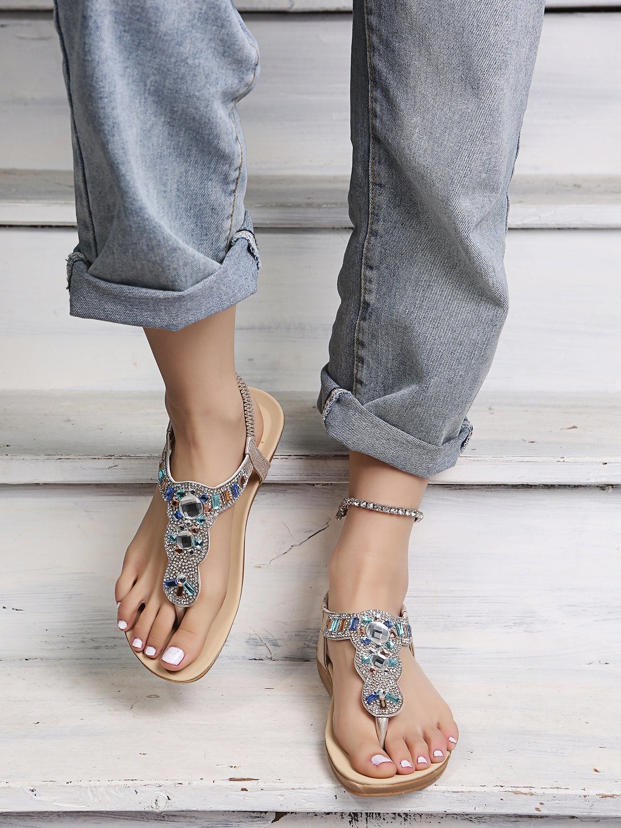 Retro Beaded Rhinestone Soft Sole Travel Beach Shoes