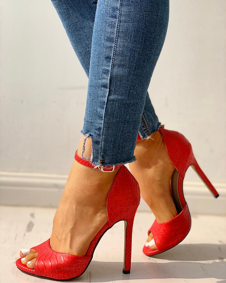 States Sexy Snake Print Stiletto Buckle Fish Mouth Bag Heel Sandals