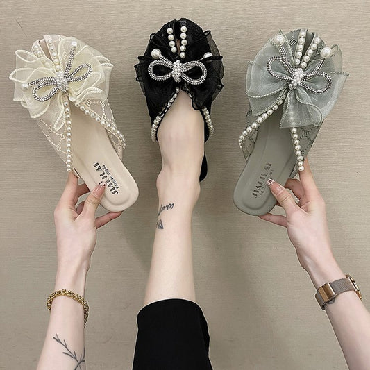 Korean Version Of The New Lace Bow Net Gauze Slippers