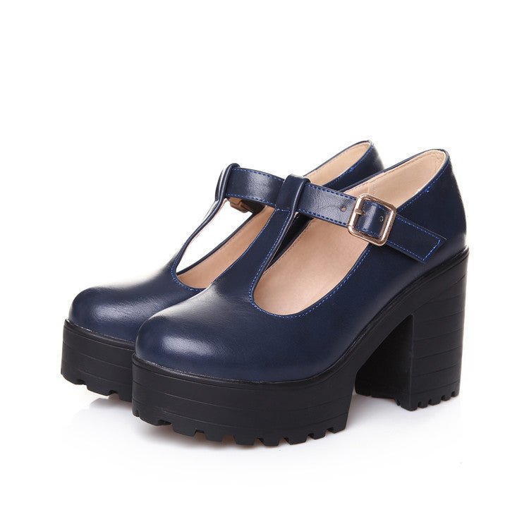 Womens Pumps Shoes Mary Jaen Block Platforms Heels T-strap