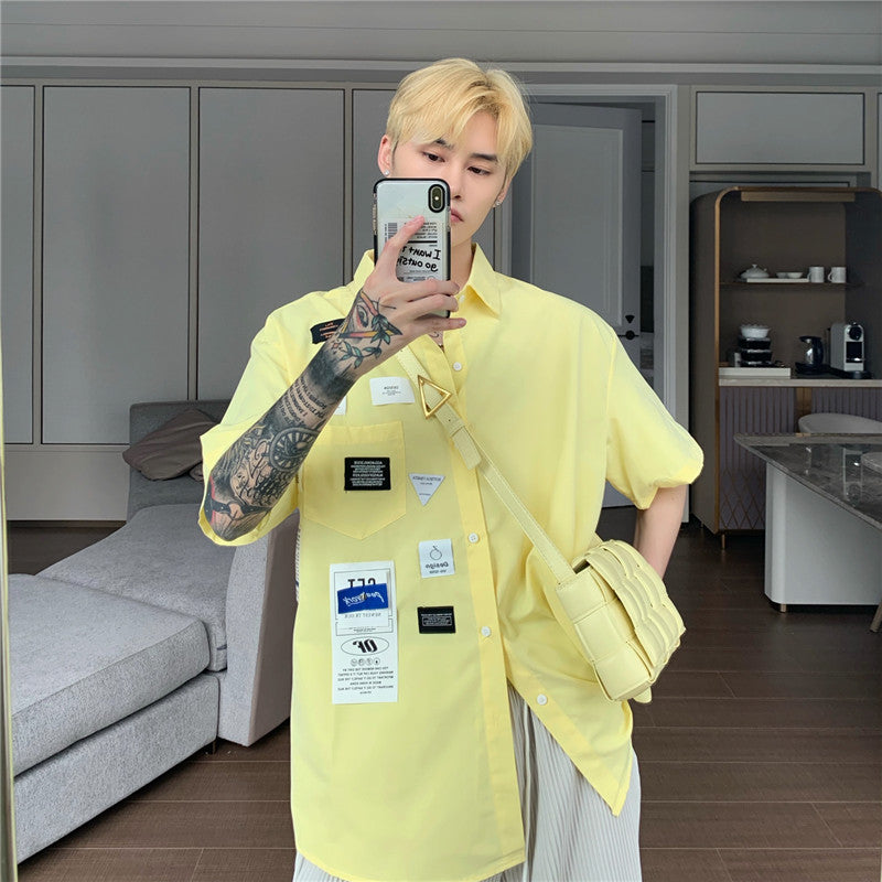 Korean Style Personalized Label Shirt Men's Short Sleeves