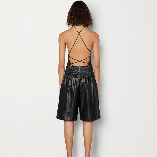 Fashion Leather Black Elastic High Waist Leather Pants