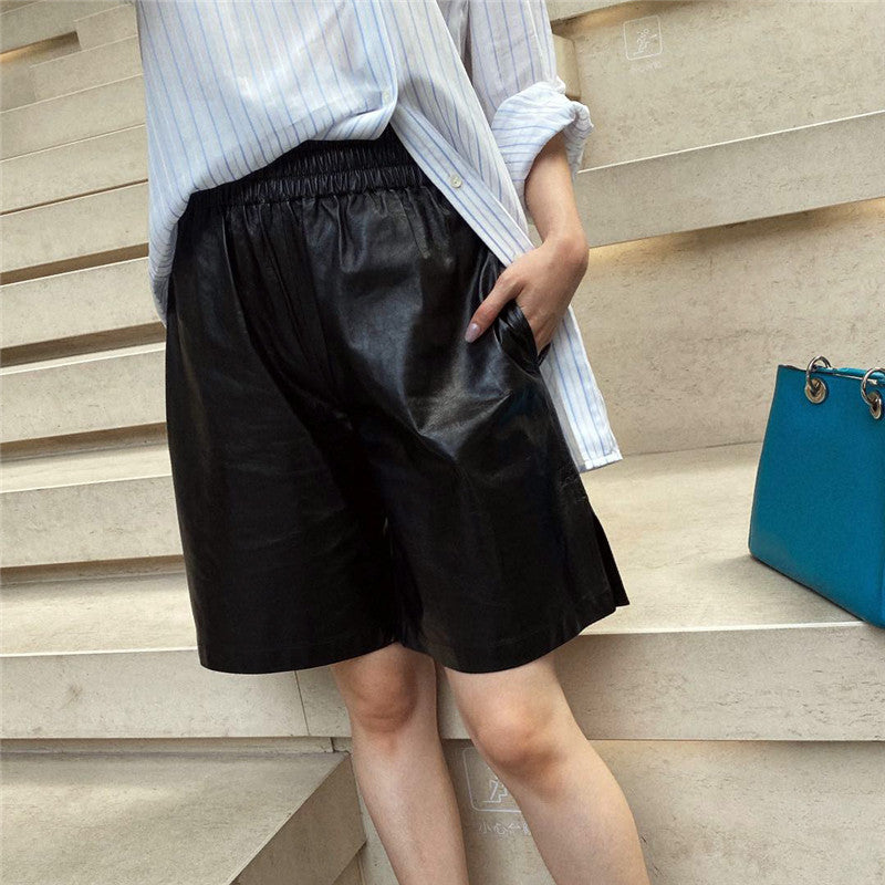 Fashion Leather Black Elastic High Waist Leather Pants