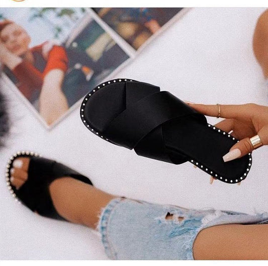 Flade Casual Leopart Print Rhinestone One-line Sandaler Og Tøfler Til Kvinder