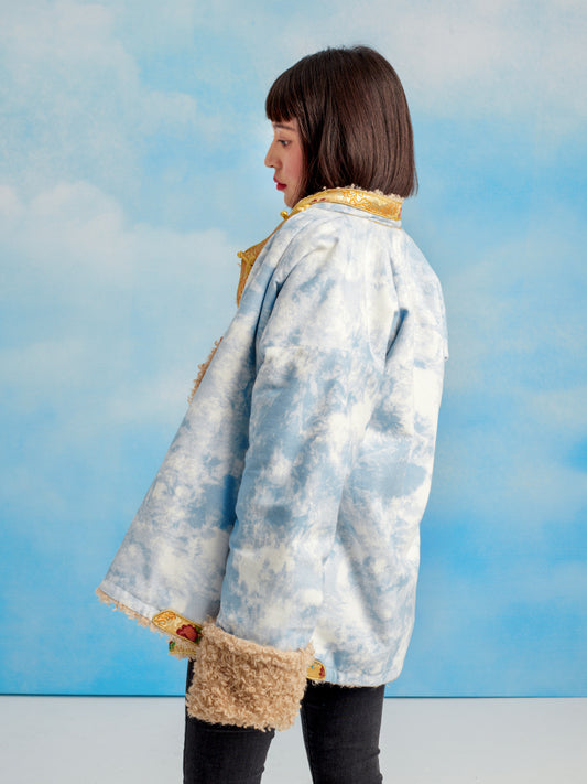 Blue Sky Tie-dye Lamb Wool Denim Jacket