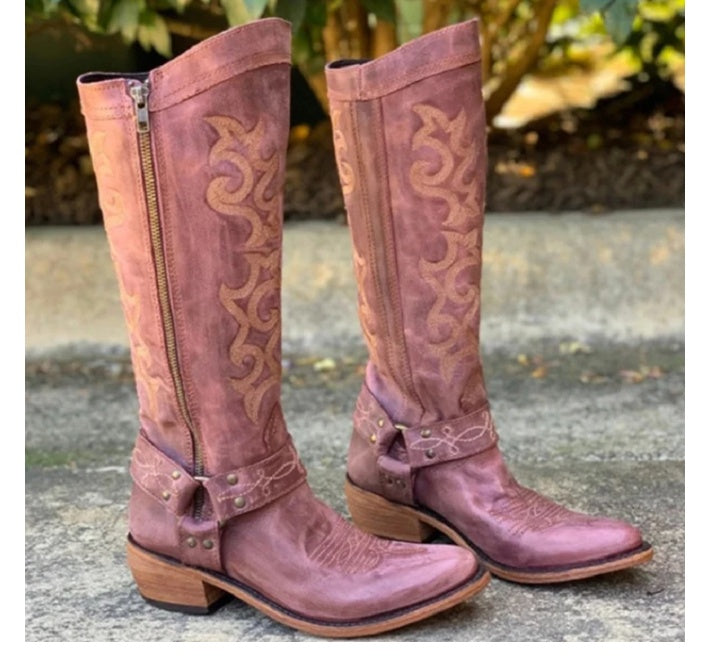 European and American round toe side zipper rider boots