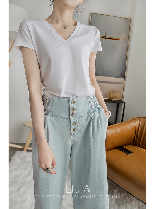 Light Blue High-Rise Multi-Button Wide-Leg Jeans