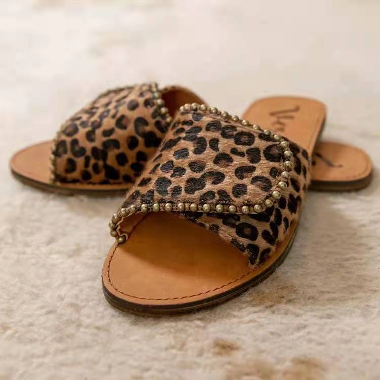 Studded Flat Sandals Leopard Print Plus Size Slippers