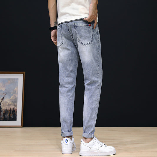 Jeans Men'S Feet Pants Pants Men'S Summer Mid-Waist Stretch Pants Korean Style Trend Hole Slimming Thin Feet Pants Light-Colored Wholesale