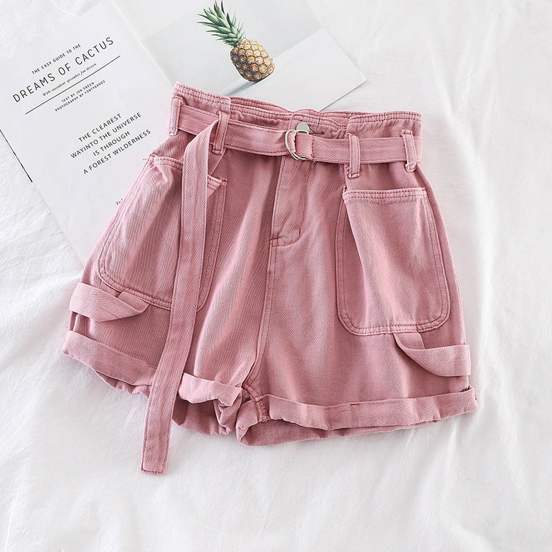 Match Thin Double Pocket Wide Leg Denim Solid Color Shorts