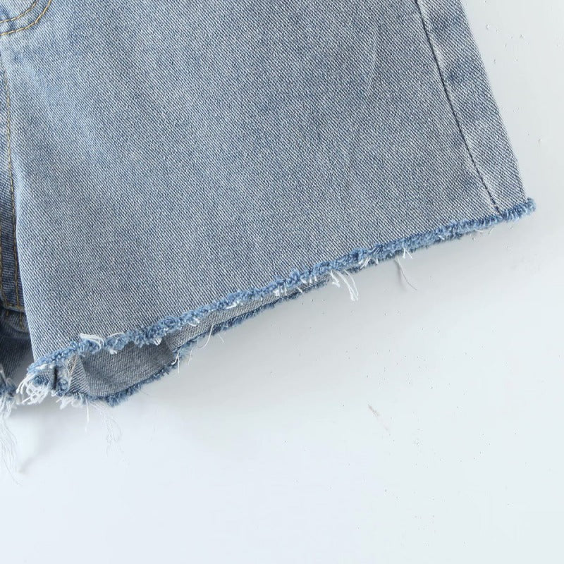 Double Waist Cut-out Raw Edge Thin Casual Shorts