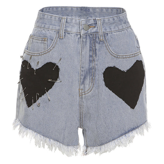 High Waist Slim Sexy Slim Love Patch Denim Shorts