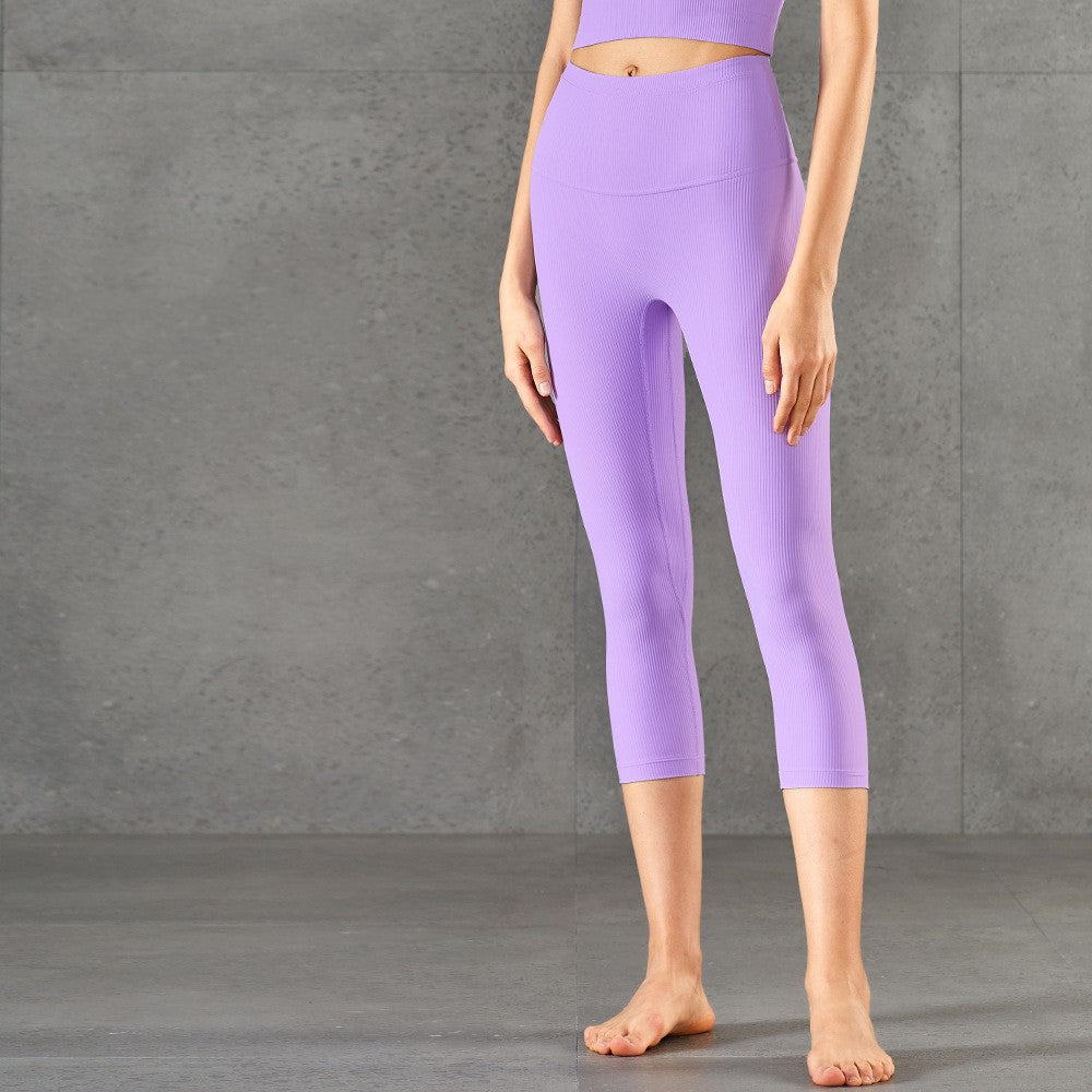 Stitching Waist Vertical Stripes Nude Peach Hip Fitness Pants