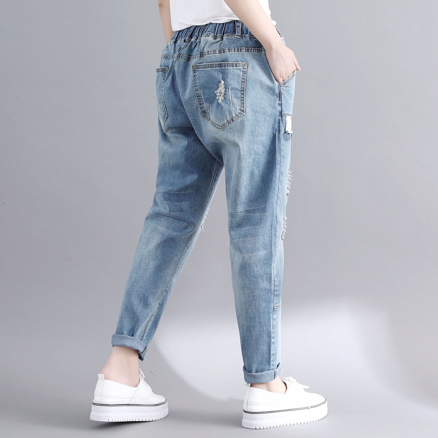 Stretch Elastic Waist Loose Slimming Ripped Jeans
