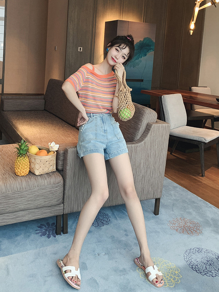 Beaded Denim Shorts Women's Thin High-waisted Wide-leg Hot Pants