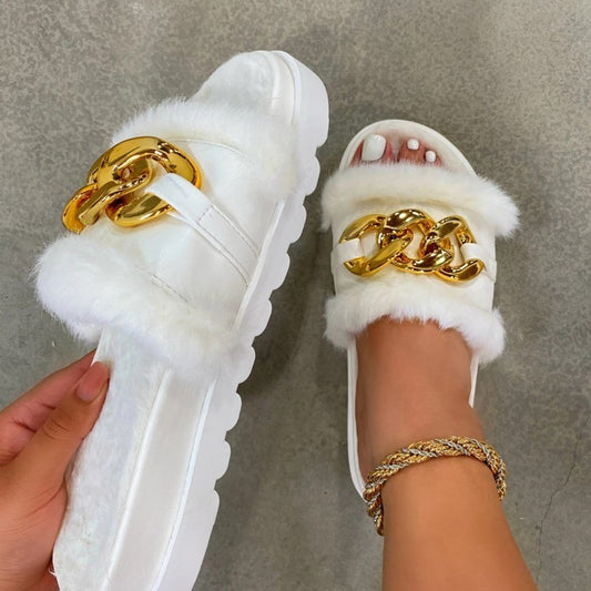 Round-Toe Platform Mid-Heel And Furry Metal Chain Slippers