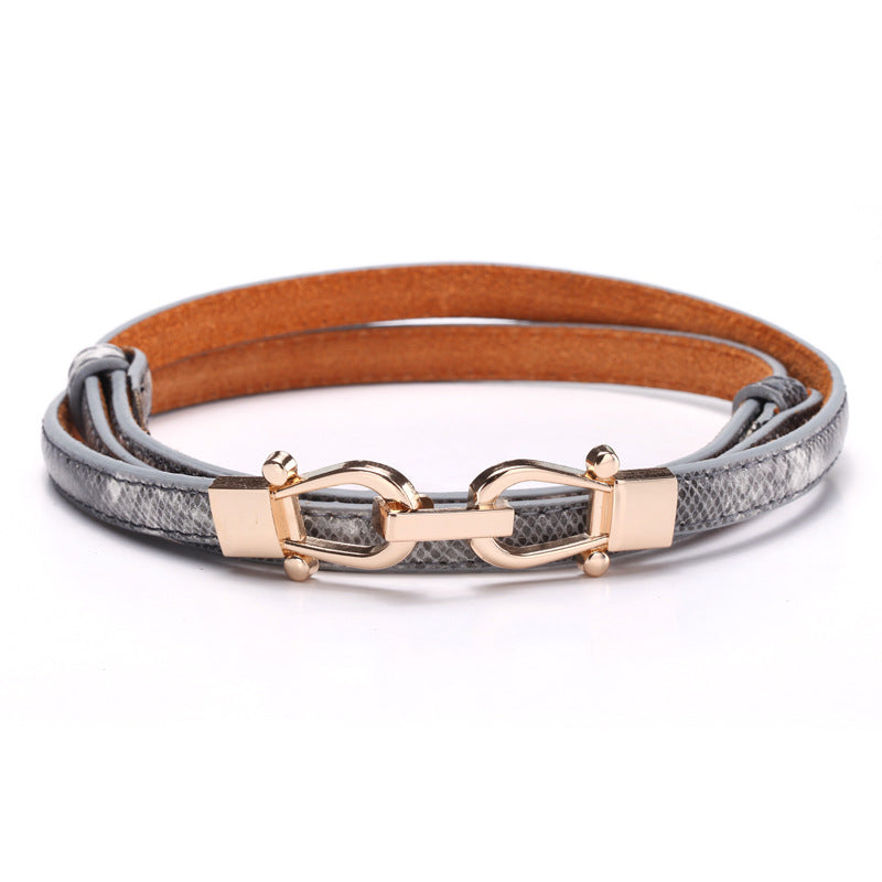 Snakeskin Crown Double Buckle Ladies Leather Thin Belt Belt