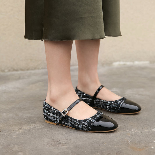 Oversized Flat Shoes Women's Autumn New Style Splicing Square Toe Belt Buckle Fairy Style Women's Shoes