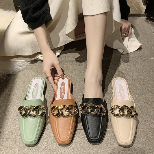 Metal Buckle Without Heel Square Toe Half Slippers