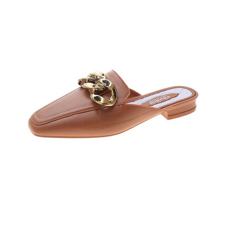 Metal Buckle Without Heel Square Toe Half Slippers