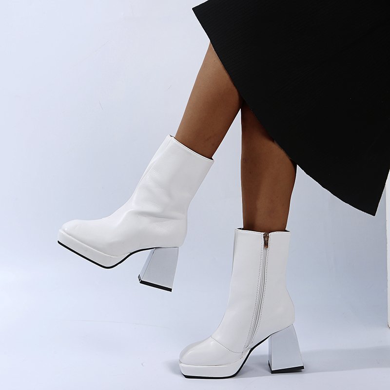 European and American square head waterproof platform thick heel color matching female catwalk short boots British style thick-soled side zipper high-heeled boots on behalf of