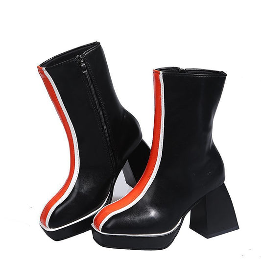 European and American square head waterproof platform thick heel color matching female catwalk short boots British style thick-soled side zipper high-heeled boots on behalf of