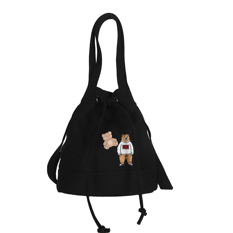 Cute And Cute Cartoon Embroidery Bear Drawstring Bucket Bag Soft Girl Student Canvas Bag