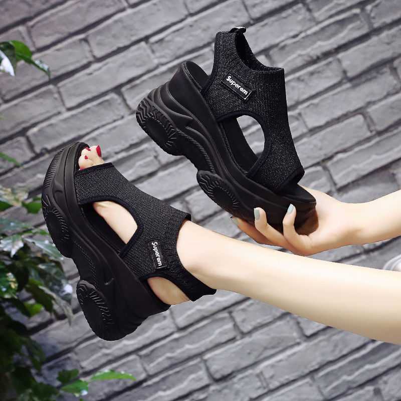 Japan And South Korea Station Trifle Sandals Women's Wild Thick-soled Slope Heel Sports Increase