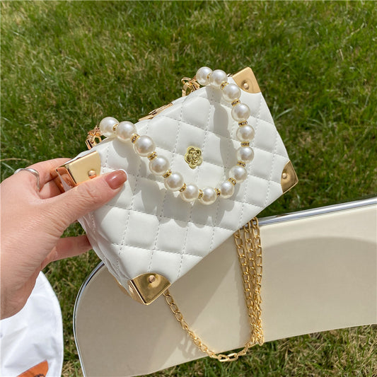 New Ladies Diamond Chain Bag Pearl Portable Diagonal Small Square Bag