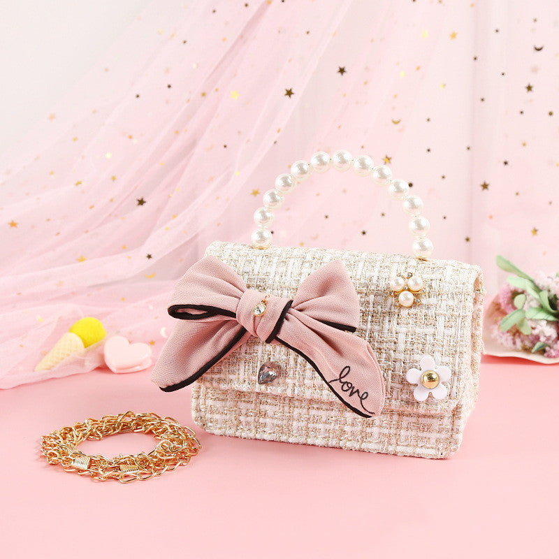 Fashionable Diamond Water Drop Big Bow Knot Portable Pearl Diagonal Children's Bag
