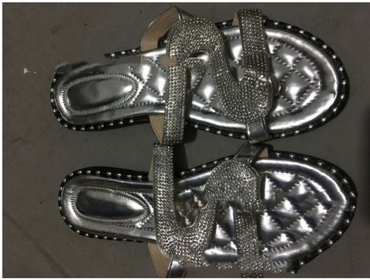 Flat Bottom Round Head Rhinestone Car Stitching Large Size Sandals And Slippers