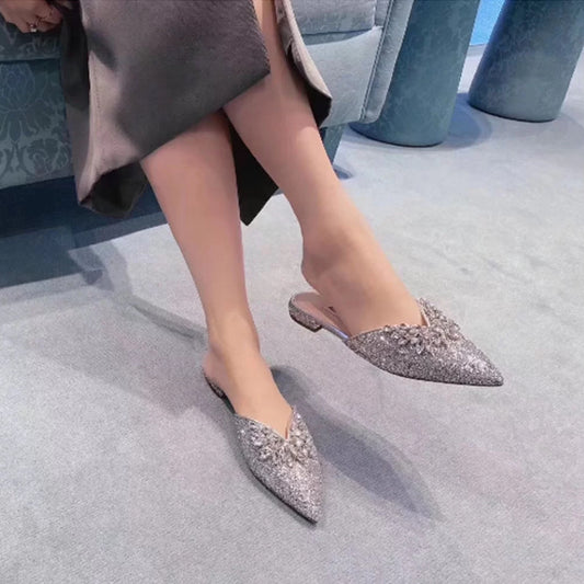 New Semi-Drag Rhinestone Sequined Pointed Toe Women'S Sandals And Slippers