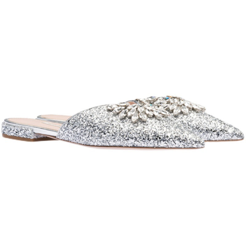 New Semi-Drag Rhinestone Sequined Pointed Toe Women'S Sandals And Slippers