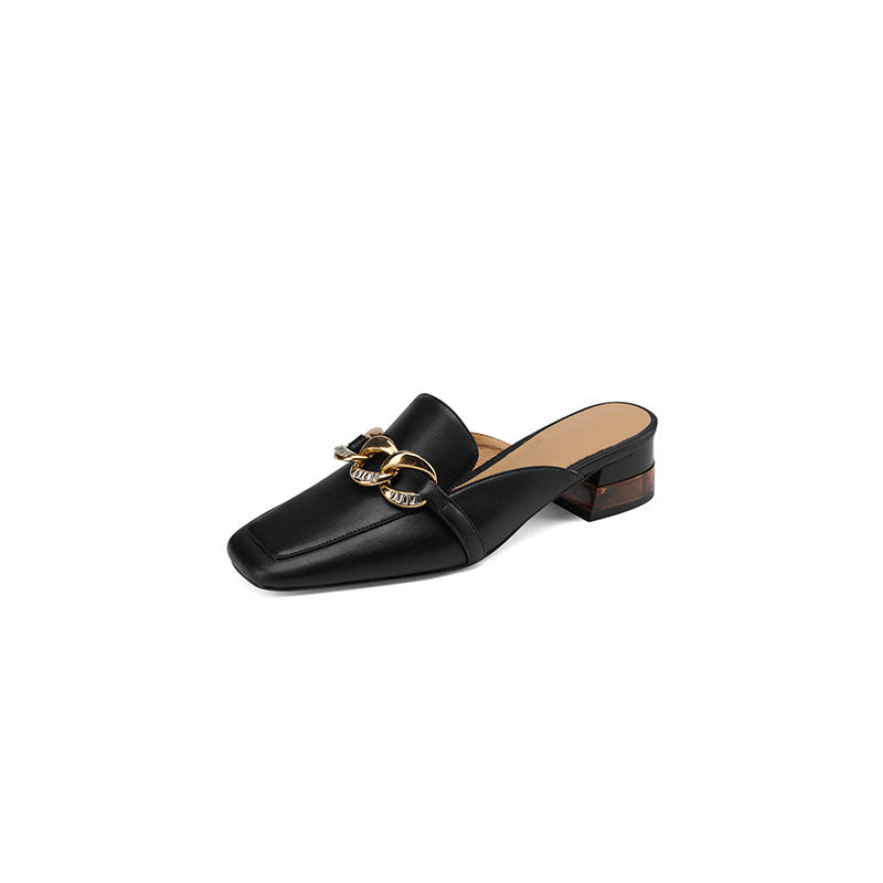 Top Layer Cowhide Square Head Low Heel Metal Chain Sandals