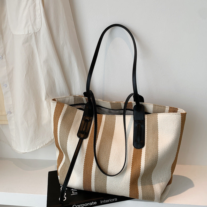Korean Version Of Simple Canvas Portable Briefcase Female Large-capacity Shopping Bag Business Striped Tote Bag Student Make-up Bag