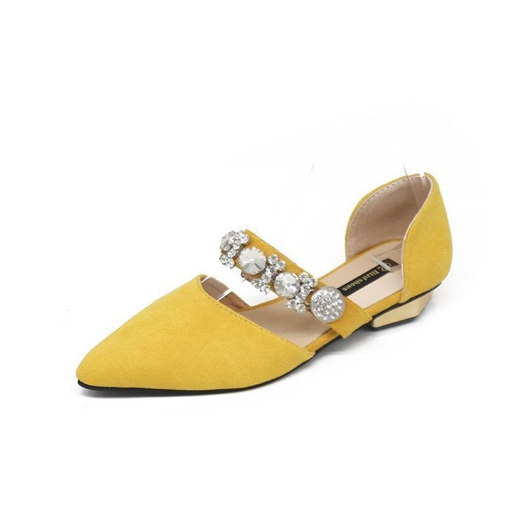 Korean Style Pointed Rhinestone Beaded Hollow Low-heeled Flat-bottomed French Girl Shoes